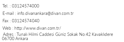 Divan Ankara telefon numaralar, faks, e-mail, posta adresi ve iletiim bilgileri